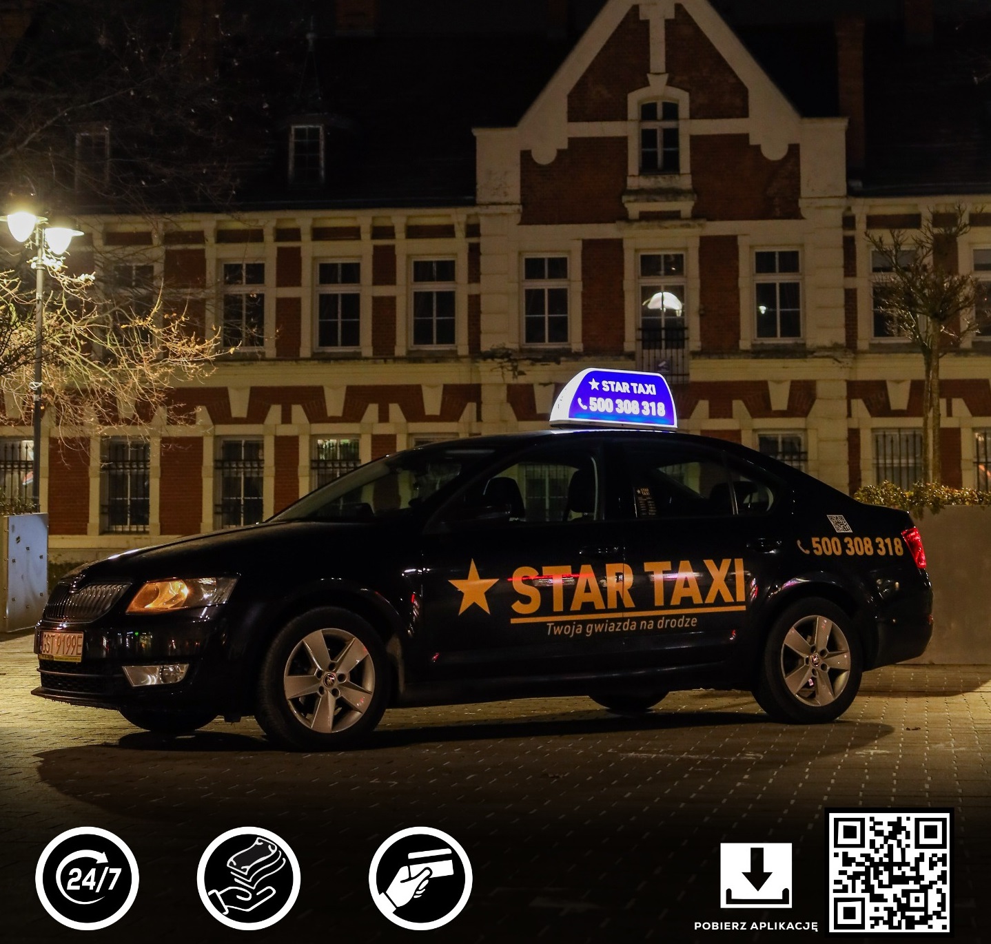 Samochód StarTaxi z numerem 500 308 318, sfotografowany nocą